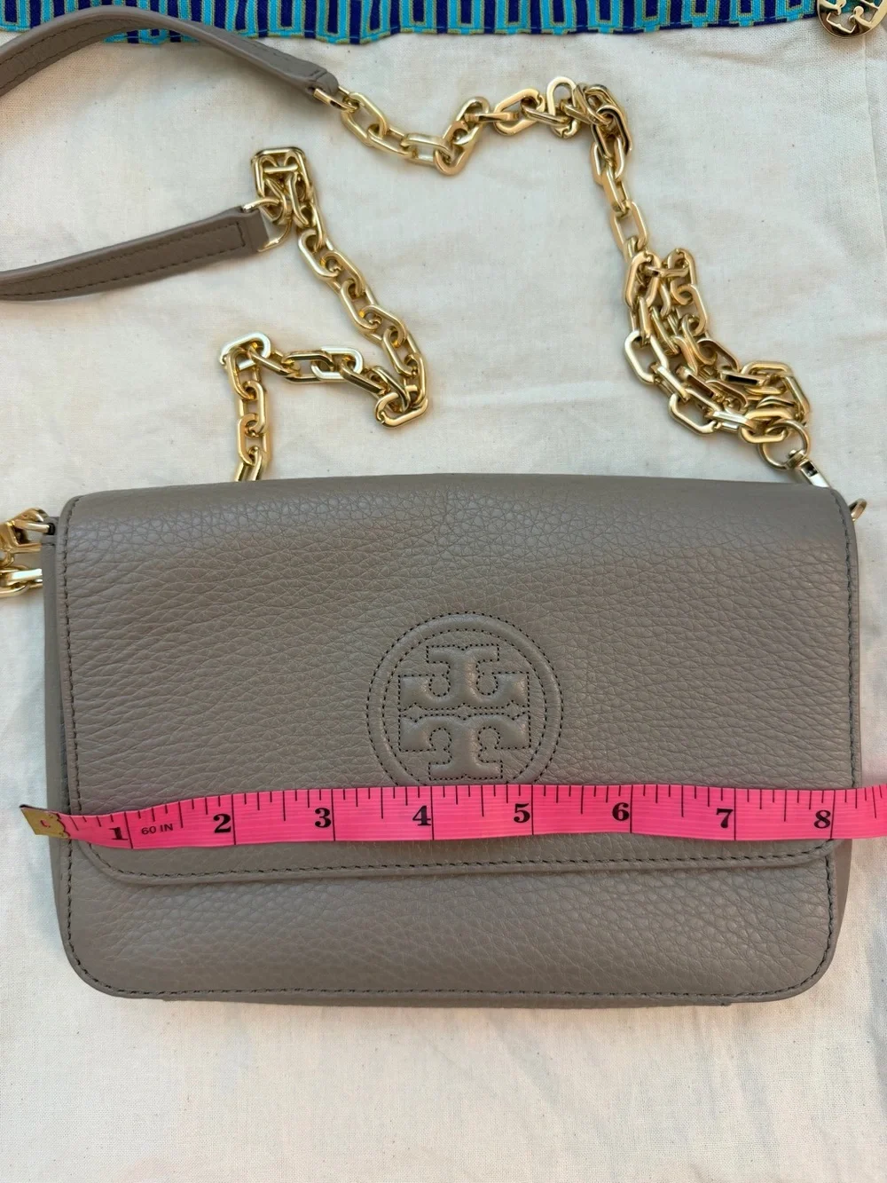 Tory Burch Amanda Gray Leather Logo Crossbody Chain Bag